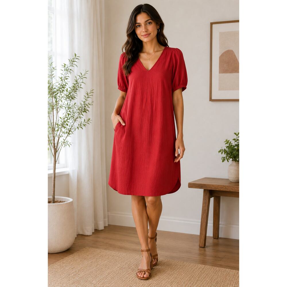 Universal Thread Red Casual Shift Dress Women’s Cottagecore Puff Sleeve V Neck M